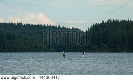 Loch Ard, Scotland - July 25th 2021: Two People Paddle Boarding On Loch Ard In The Summer In Loch Lo