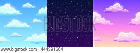 Game Textures Of Clouds And Stars, Seamless Patterns. Cartoon Backgrounds Of Blue, Pink And Starry S