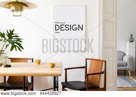 Stylish And Eclectic Dining Room Interior With Mock Up Poster Map, Sharing Table Design Chairs, Gold