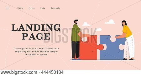 Tiny Man And Woman Putting Together Giant Puzzle. Flat Vector Illustration. Couple Building Relation