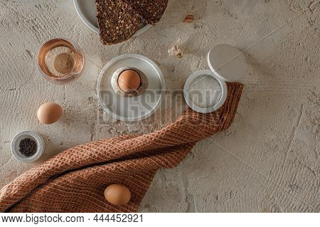 Breakfast Setting With Boiled Egg In Stone Egg Cup, Modern Concrete Table Accessories, Whole Grain R