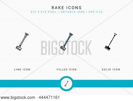 Rake Icons Set Vector Illustration With Solid Icon Line Style. Plant Gardening Agriculture Concept. 