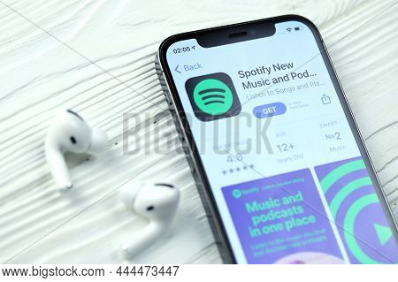 Kharkov, Ukraine - March 5, 2021: Spotify Icon And Application From App Store On Iphone 12 Pro Displ