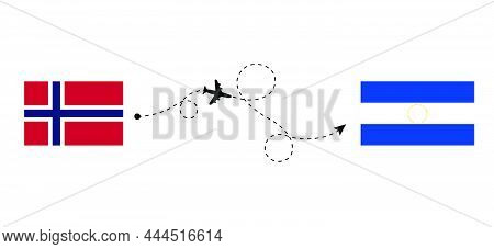 Flight And Travel From Norway To El Salvador By Passenger Airplane. Airplane Route And Country Flags