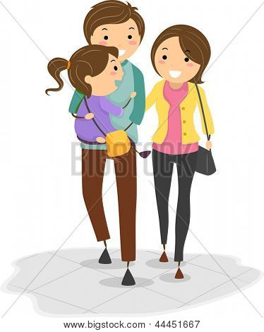 Иллюстрация Stickman семьи с отцом несущую их дочь во время ходьбы