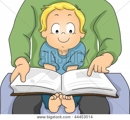 Illustration of a Happy Toddler Boy sitiing on his Father's Lap while his Father Reads a Book