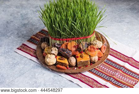 Novruz Setting Table Decoration,  Wheat Grass, Azerbaijan National Pastry Pakhlava, New Year Sring C