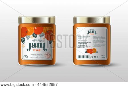 Orange Jam. Label For Jar And Packaging. Whole And Cut Fruits, Leaves And Flowers, Text, Sugar Free 