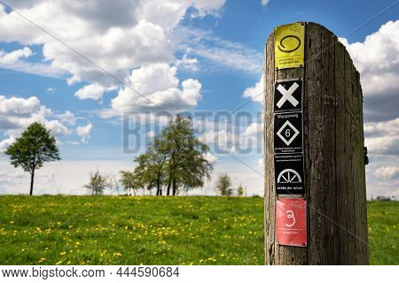 Bergneustadt, Germany - August 14, 2021: Long Distance Hiking Trail Bergischer Panoramasteig With Fo