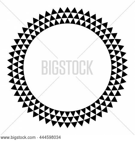 Circle Frame With Triangle Pattern. Three Rows Of Black Triangles, Creating A Round Border, With Ser