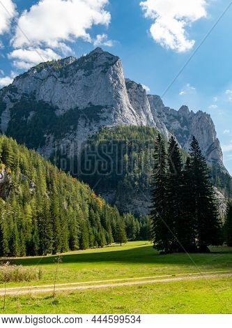 Panoramic View Of Hochschwab Mountain Village Hainzleralm, Autumn Vibes In Mountain Range Hochschwab