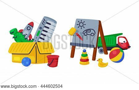 Kids Toy Box With Chalkboard And Keyboard Vector Set
