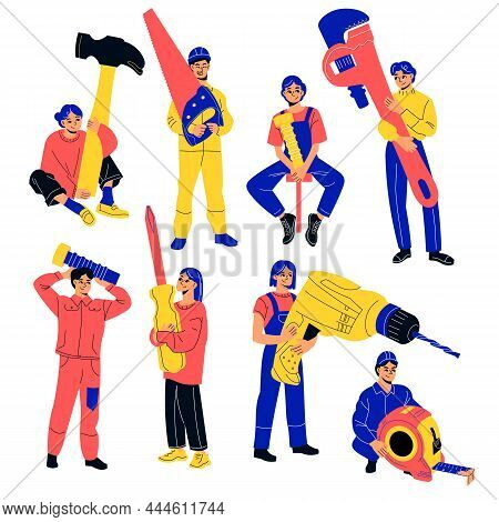 Tiny Repair People. Fix Breakdowns Team, Small Workers With Huge Tools, Mechanics And Contractors Ch