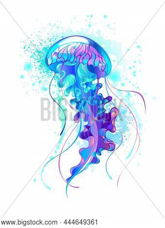 Big, Blue, Artistically Drawn, Bright Jellyfish, With Long, Purple Tentacles On White, Colored Water