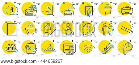 Public Services, Wifi Line Icons. Elevator, Cloakroom And Taxi Icons. Exit, Atm And Escalator. Wifi,