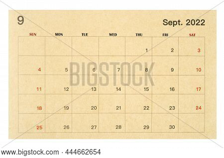September 2022 Brown Calendar Made From Recycled Paper Isolated On White Background, Save Clipping P