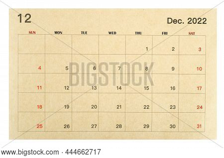 December 2022 Brown Calendar Made From Recycled Paper Isolated On White Background, Save Clipping Pa