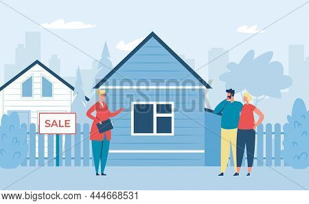Real Estate Agent Show House For Buyer. Real Estate Agent, Buyer Character Near Apartment With Broke