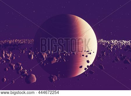 Planet Saturn Or Jupiter Close-up, With Rings And Sun, 3d Rendered