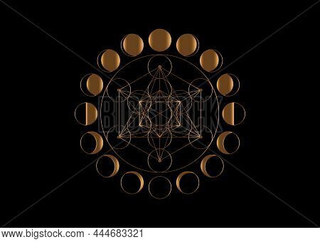 Metatrons Cube, Flower Of Life. Sacred Geometry, Moon Phases, Geometric Elements. Gold Mystic Icon P