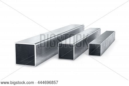 Rectangular Metal Profile Pipes Isolated On White Background In Different Sizes. 3d Rendering