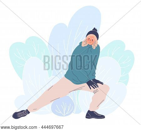 Winter Fitness Runner Stretching Legs Doing Warmup.