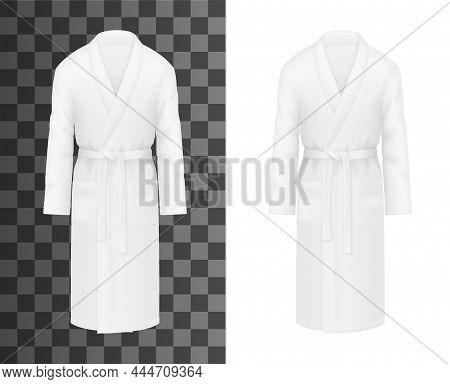 White Bathrobe, Realistic Clothes Of Bath Robe Gown, Vector Mockup. Hotel And Spa Apparel Template, 