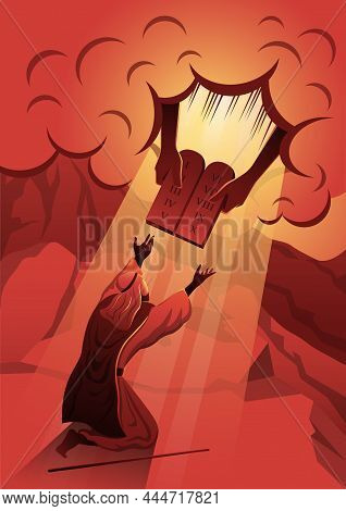 Moses Is Receiving The Ten Commandments From God On Mount Sinai. Biblical Series