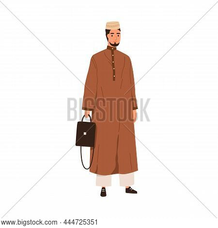 Muslim Man In Traditional Arab Outfit, Thobe And Headwear. Saudi Arabian Person In Eastern Clothes, 