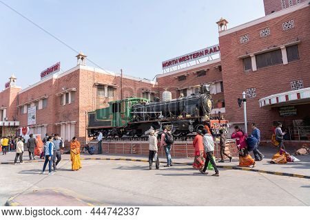 Jodhpur, India - December 8, 2019: A Decomissioned Steamer Locomotive In Front Of Jodphur Train Stat