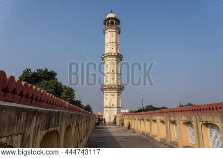 Jaipur, India - December 11, 2019: Exterior View Of The Historical Iswari Minar Swarga Sal Minaret.