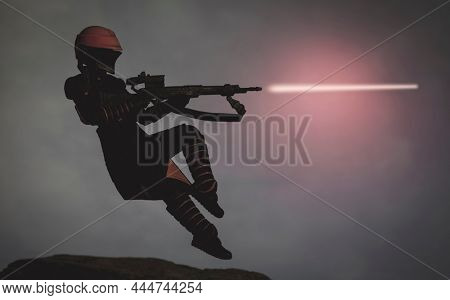 DEC 30, 2021: Scene from Disney Plus Star Wars The Mandalorian, bounty hunter Fennec Shand firing a sniper rifle - Hasbro action figure