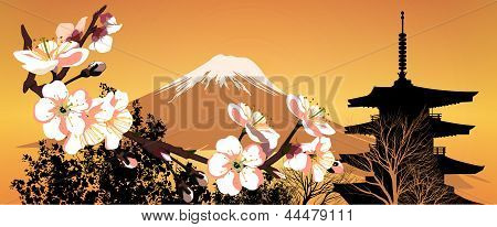 Cartão postal Sakura japonês montanhas e casas