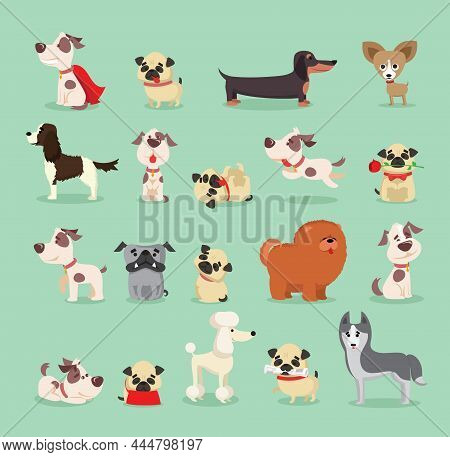 Cute Dogs Collection. Vector Illustration Of Cartoon Different Breeds Dogs, Such As Alaskan Malamute
