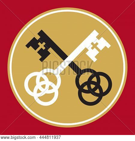 Crossed Keys Badge Or Logo Design With Christian Symbols.
Vector Illustration Of Ornate Keys Represe