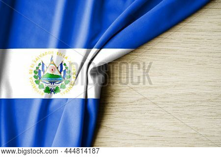 El Salvador Flag. Fabric Pattern Flag Of El Salvador. 3d Illustration. With Back Space For Text. Clo