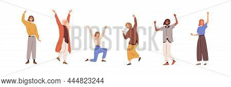 Happy People Rejoicing. Excited Men And Women Celebrate Victory And Success With Joy. Delighted Pers