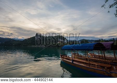 Panorama Of The Bled Lake, Blejsko Jezero, With Its Castle, Blejski Hrad, During A Sunny Sunset In S