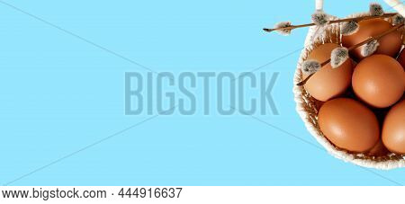 Banner. Blue Background With Handmade Straw Basket Full Of Eggs, Pussy Willow Twig. Copy Space. Empt