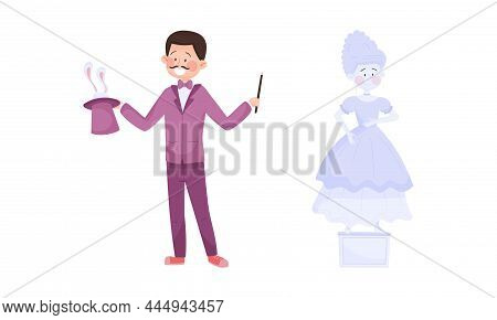 Street Performance With Man Magician Making Magic Trick And Woman Playing Statue Vector Set