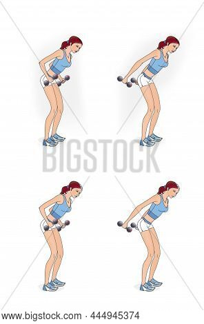 Girl Trains With A Dumbells. Exercises For The Shoulder Girdle, Back And Arms. Illustration Isolated