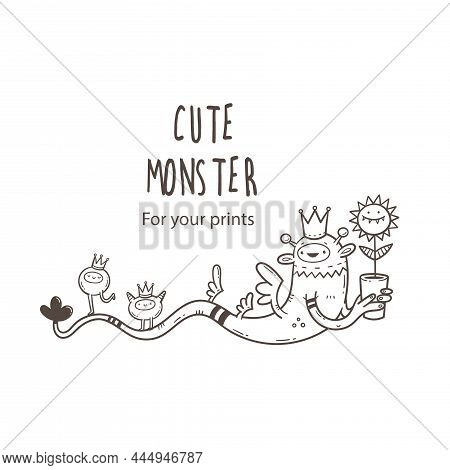 Vector Card With Cute Cartoon Monster. Funny Fictional Animal. Doodle Line Art Creature Print. Child