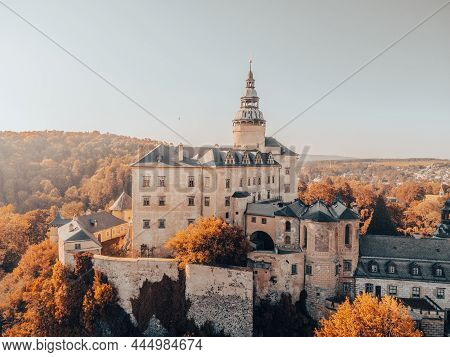 Chateau And Castle Frydlant On Sunny Autumn Day. Frydlant V Cechach, Czech Republic. Aerial View Fro