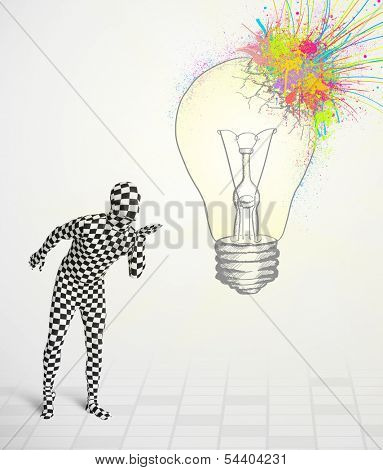 3d human character is body suit morphsuit looking at abstract colorful lightbulb