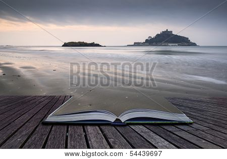 Creative Concept Pages Of Book St Michael's Mount Bay Marazion Landscape Pre-dawn Long Exposure Corn