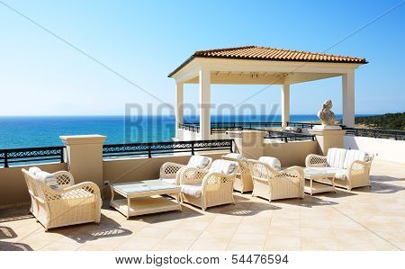 Sea View Terrace Of Luxury Hotel, Peloponnes, Greece