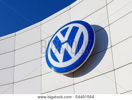 Samara, Russia - November 23: The Emblem Volkswagen On Blue Sky Background, November 23, 2013 In Sam