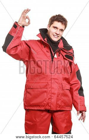 Young Man Sailor In Red Wind Jacket. Sailing.