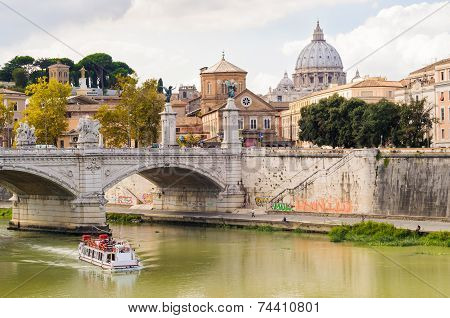 Saint Peter's Basilica And Tiber River. Rome Italy.