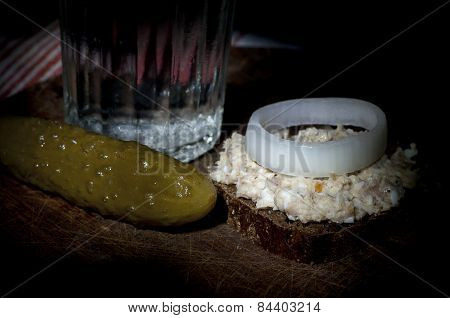 Sandwich With (forshmak) Minced Herring And Glass Of Vodka